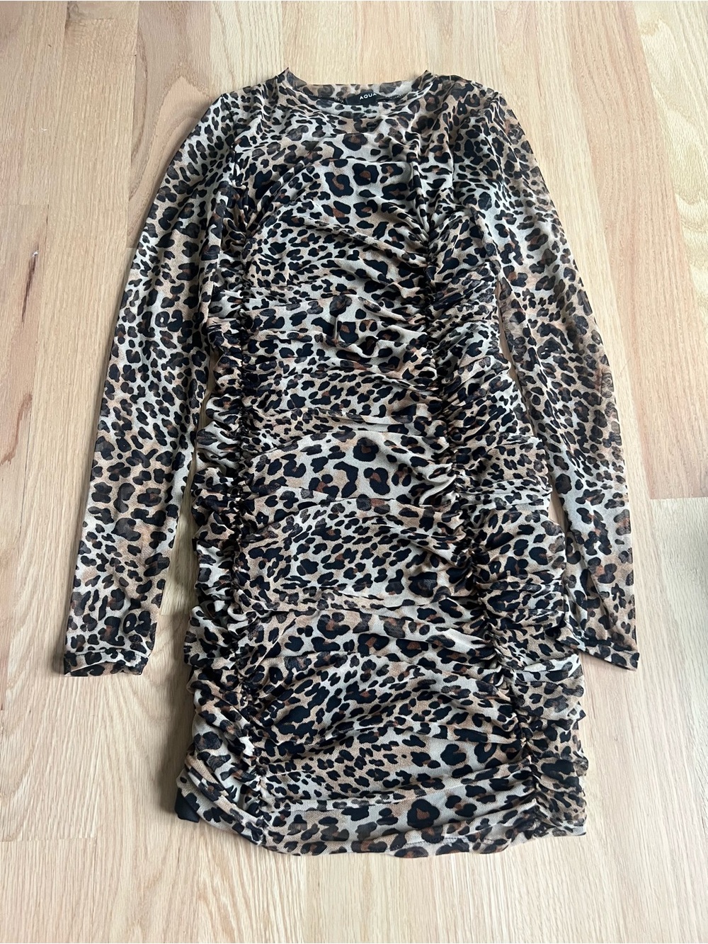 Aqua Leopard Print Ruched Long-Sleeve Mini Dress - Brown & Black